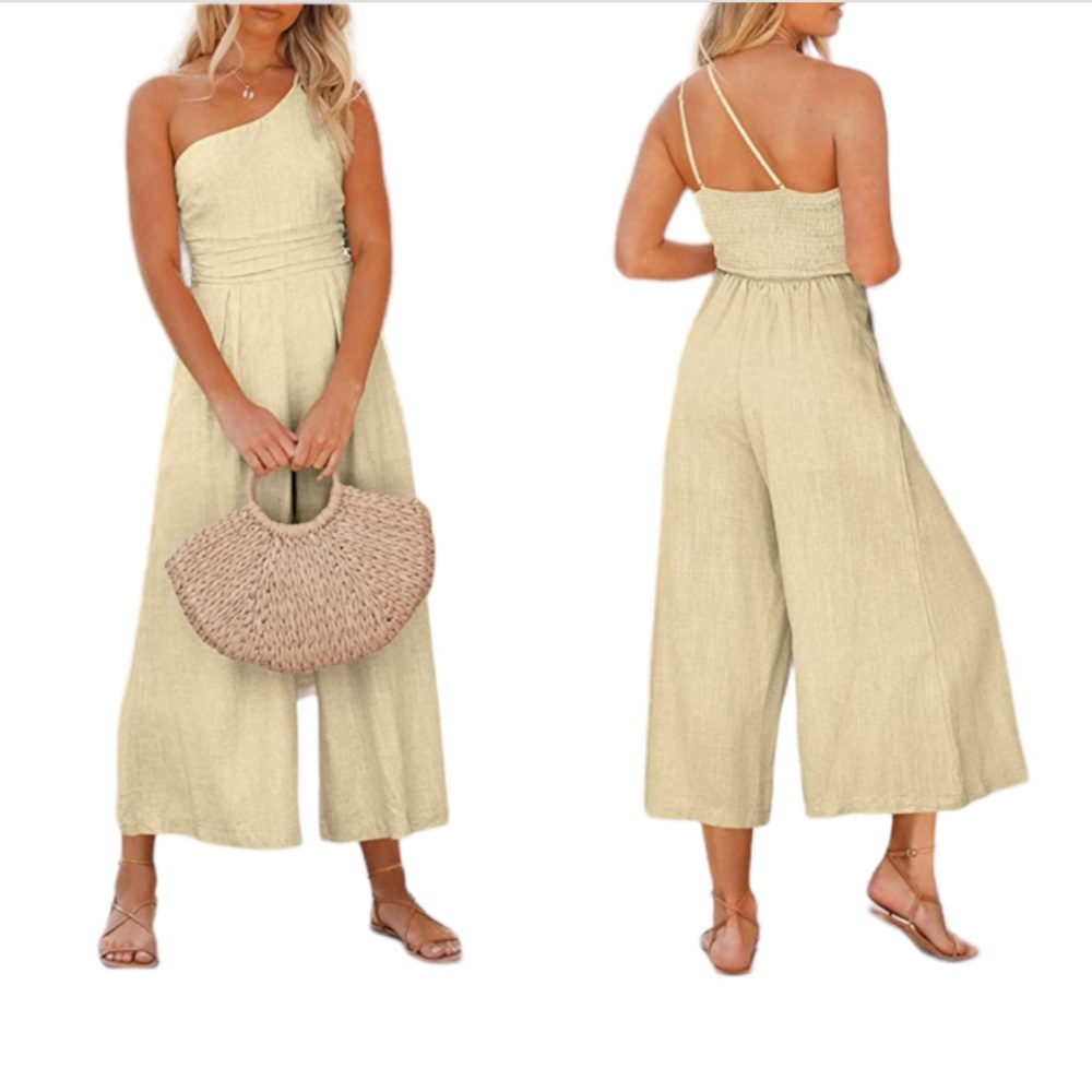 Anrabess Casual Off White One Shoulder Jumpsuit